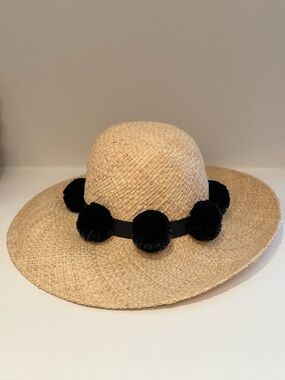 Kate Spade Natural Straw Sun Hat with Black Pom Pom Band